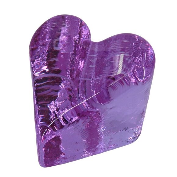 Fire & Light Purple Clear Glass Heart Shape Paperweight Signed Home Office Decor - Picture 1 of 13